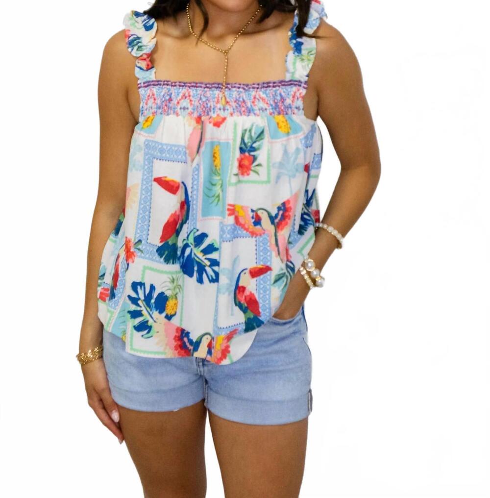 NEW FATE tropical print ruffle shoulder top in multi